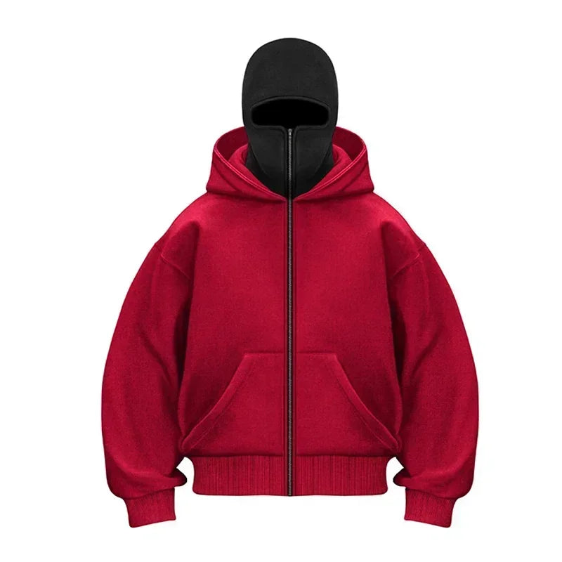 Balaclava Men Zip Hoodie Winter Warm Casual Sweatshirt Y2K with Hooded Face Mask Zipper Design Sports Jacket Outdoor Activities - ATFH