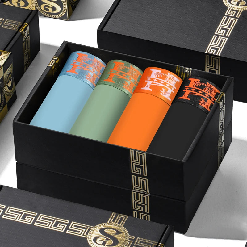 4PCS Designe Light Luxury Style Ice Silk Breathable Solid Color Men's Boxer With Gift Box