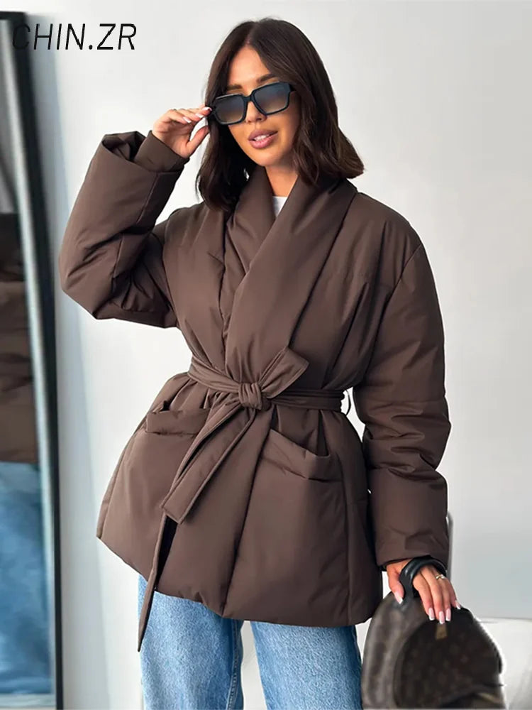 Casual Lace Up Women Winter Coats 2025 Belt Stand Collar Zipper Full Sleeve Kimono Jacket Lady Solid Thick Warm Outwear New ATFH