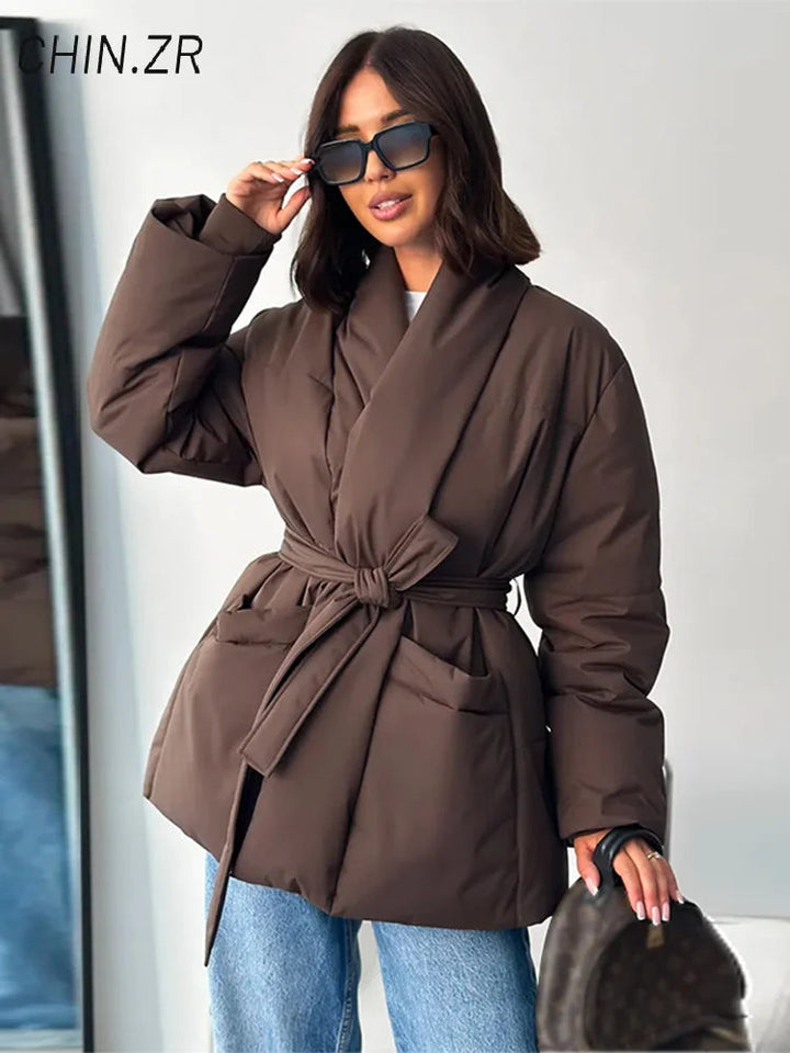 Casual Lace Up Women Winter Coats 2025 Belt Stand Collar Zipper Full Sleeve Kimono Jacket Lady Solid Thick Warm Outwear New ATFH