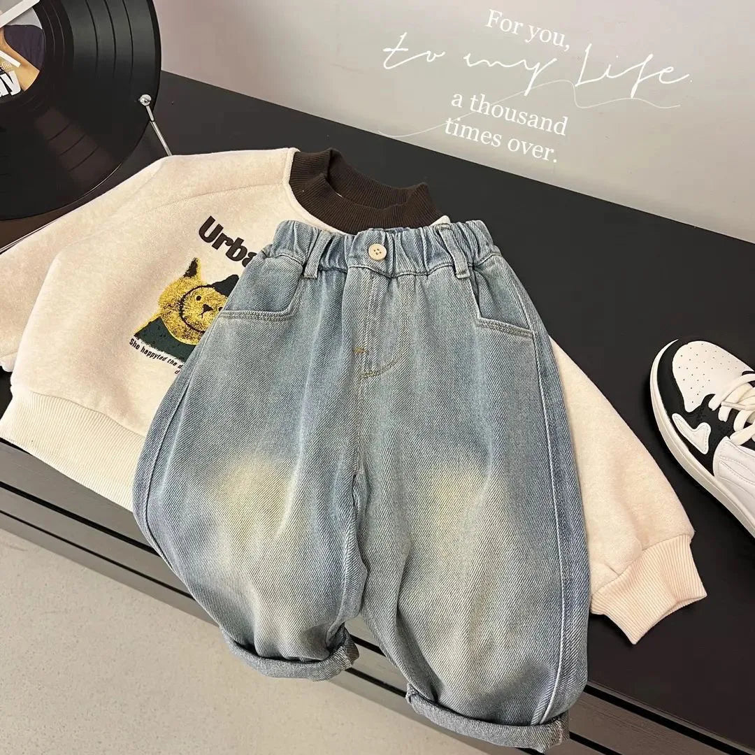 Spring Autumn Toddler Boys Denim Pants Cotton Animepattern Babys Boys Jeans Casual Loose Elastic Waist Trousers For Children Boy ATFH