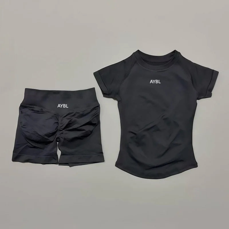 2 Pieces Sports Sets Short Sleeve Sculpt T Shirt Seamless Yoga Top Fitness Set Women Workout Running Sports Shorts Gym Suit - ATFH