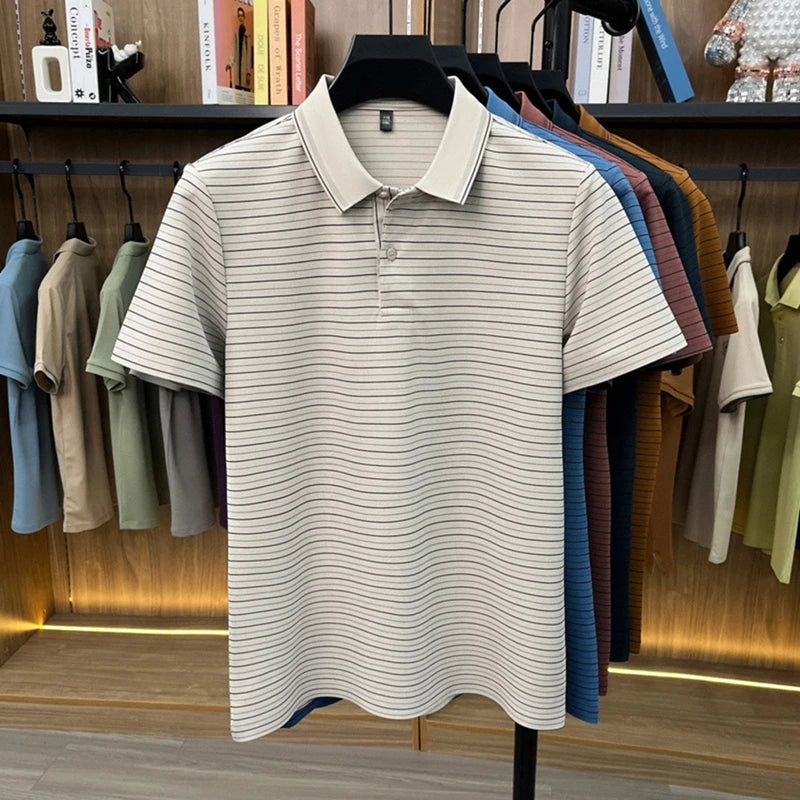 Personalized striped short sleeve polo shirt men's fashion summer new breathable comfort high-quality business casual T-shirt