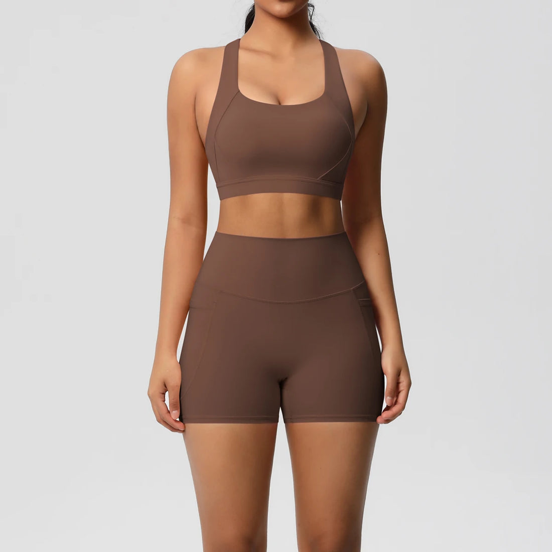 2PCS Sportswear With Pocketed Yoga Set Gym Clothes Yoga Suits For Women Tracksuits Sports Shorts Crossover Bra Gym Leggings - ATFH