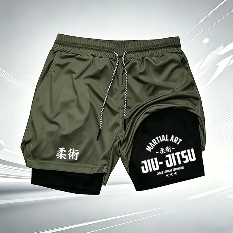Martial Art Jiu-Jitsu Print Ufc Men's Double-Layer Sports Shorts, Quick Dry, Anti-Chafe, for BJJ, MMA & Fitness wx249