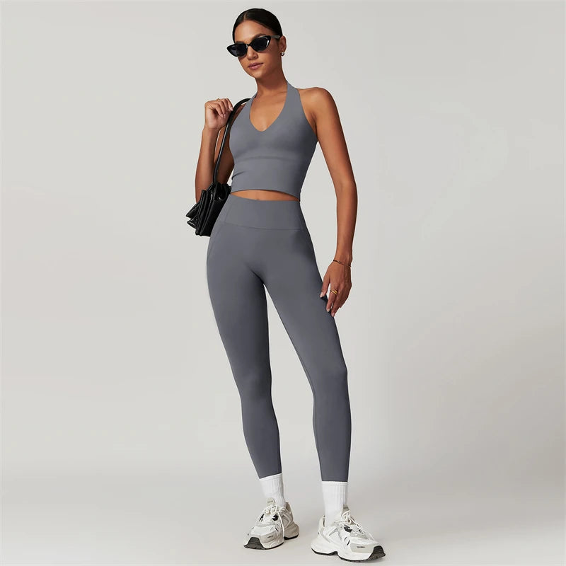 Quick-Dry Yoga Suit Sports Sets Women's Tracksuit Running Crop Tops and Leggings 2 Piece Set Fitness Wear Black Gym Clothing - ATFH