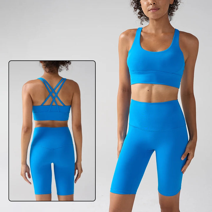 Women's 2 Piece Yoga Gym Sports Clothes Set Cross Back Bra Top with High Waist Shorts Fitness Running Workout Tracksuit - ATFH