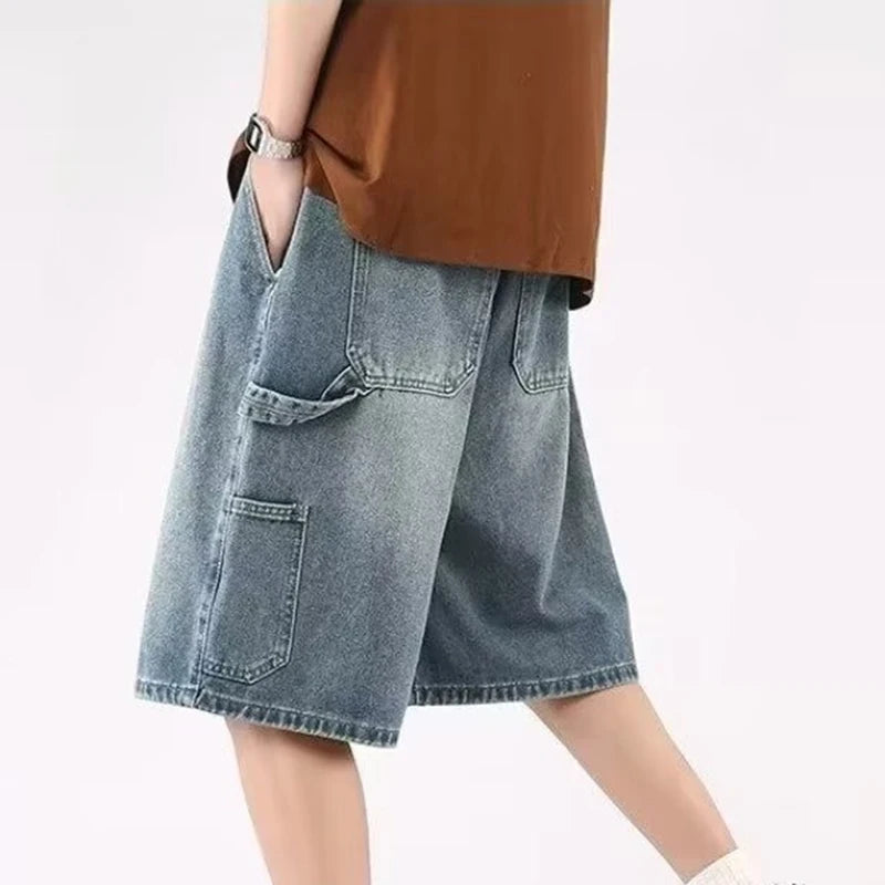 2026 Men's American Retro Carpenter Denim Shorts Summer Washed Casual Drawstring Loose Fit Cargo Jeans ATFH