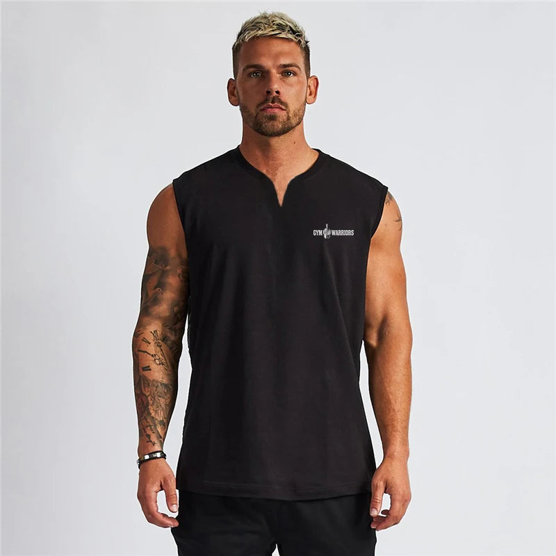 Compression Sleeveless T-Shirts Gym Clothing V Neck Fitness Mens Tank Tops Cotton Bodybuilding Stringer Singlets Workout Vests