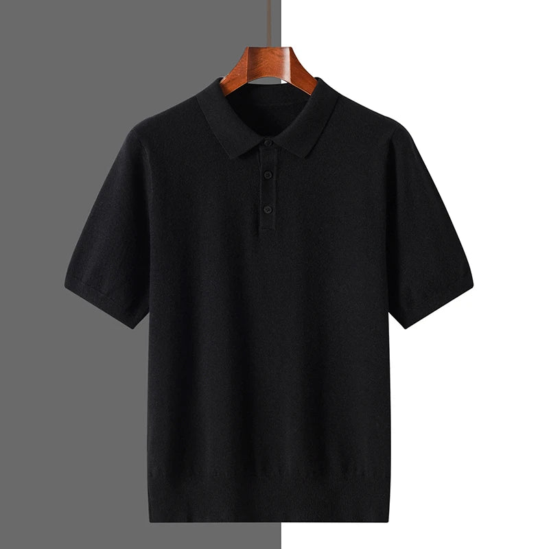 Summer 100% merino wool men's lapel pullover short sleeve POLO neck sweater loose top knitted clothing plus size T-shirt