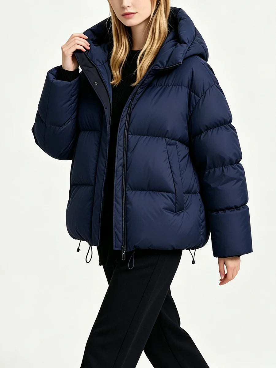 RU Women Hooded Short Puffer  Zip‑Up Loose Long Sleeve Drawstring Hood Warm Winter Female Outerwear