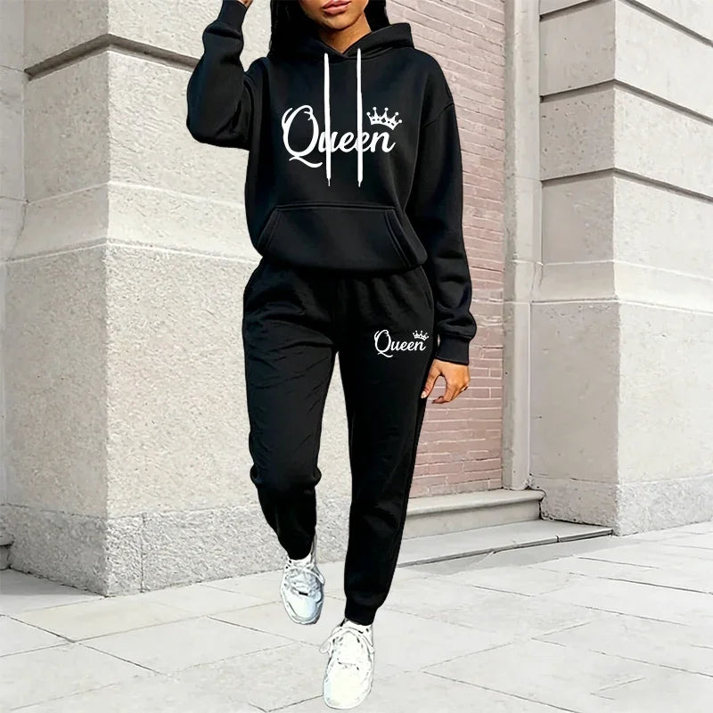 Autumn Winter Women's Outfits Queen Printing Casual Hooded Sweatshirts 2 Pcs Suit Outdoors Fashion Clothing Quality Pants Sets