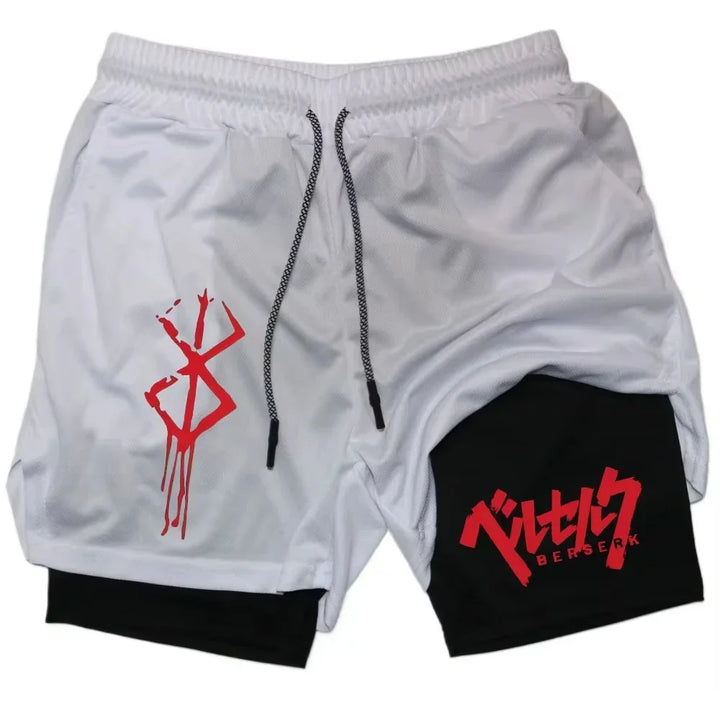 ‌Anime Berserk 2 in 1 Compression Shorts for Men - Running, Training, Yoga Gym Workout Sportswear with Pockets