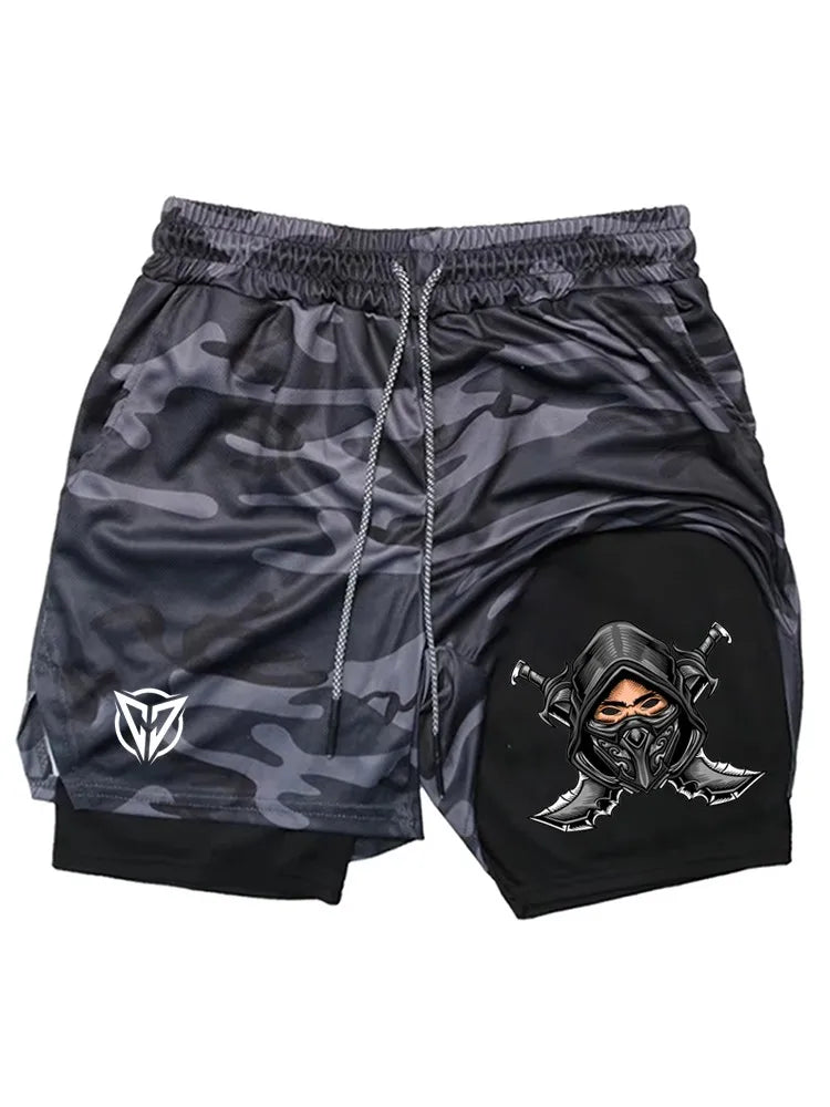 Men's Ninja Graphic 2-in-1 Shorts, Quick Dry Breathable Gym Athletic Workout Streetwear Casual Sports Shorts WX016