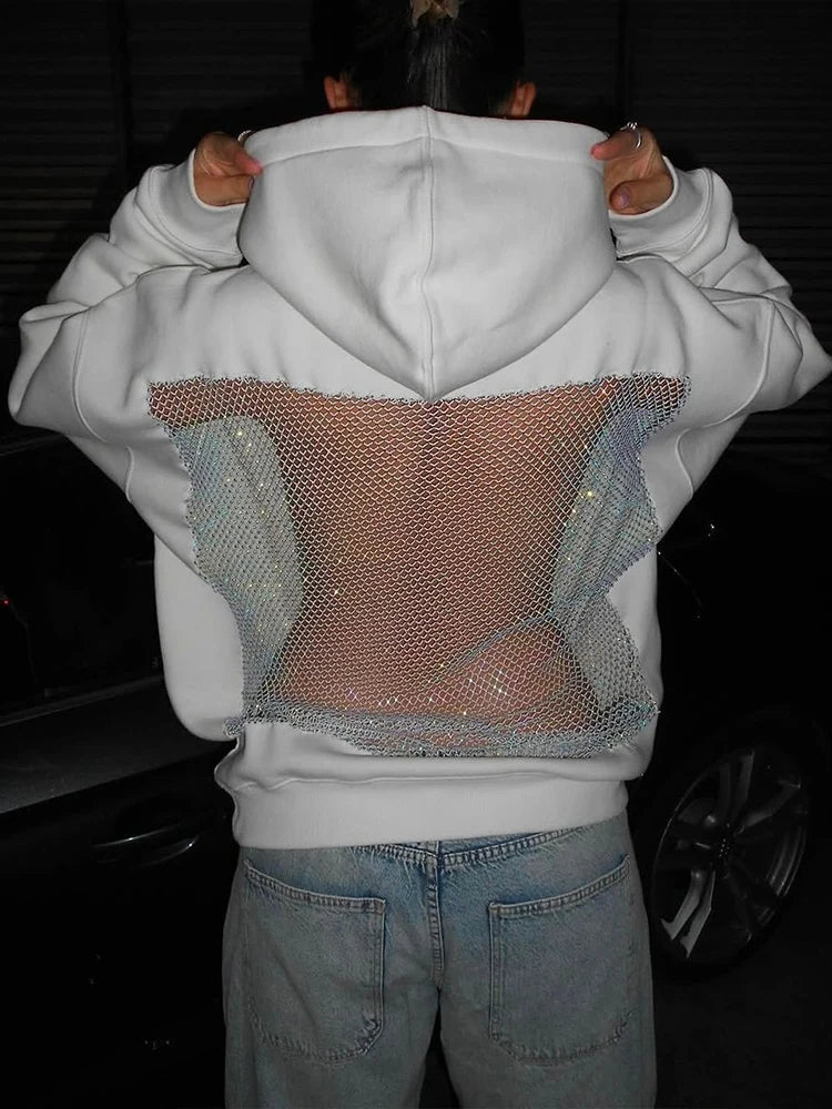 Weird Puss Harajuku Hooded Sweatshirt Women Autumn Trend Backless Glitter Mesh Patchwork Casual Streetwear Hipster Pulloverr - ATFH
