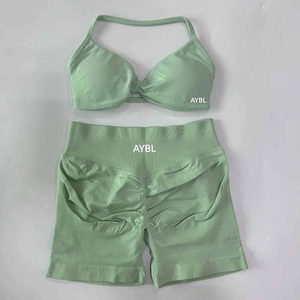 Trendy 2PCS Gym Set Women Strappy Yoga Bra Top High Waist Workout Scrunch Shorts Sports Suit Seamless Yoga Set Fitness Clothes Tahsi Fashion House
