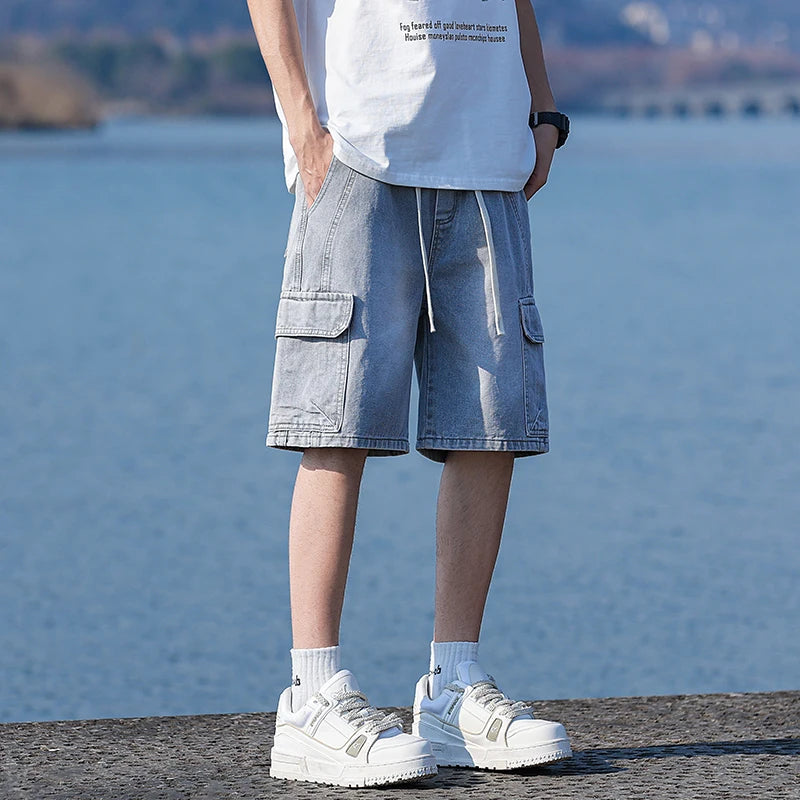 Vintage Blue Men's Denim Shorts Summer New Large Pocket Loose Wide Leg Cargo Jeans Knee Length Elastic Waist Casual Shorts ATFH