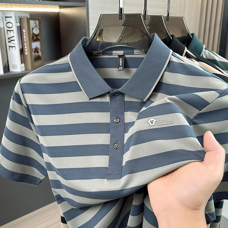 Fashion luxury brand men short sleeve polo shirt high-end summer lightweight breathable casual new striped color blocked T-shirt