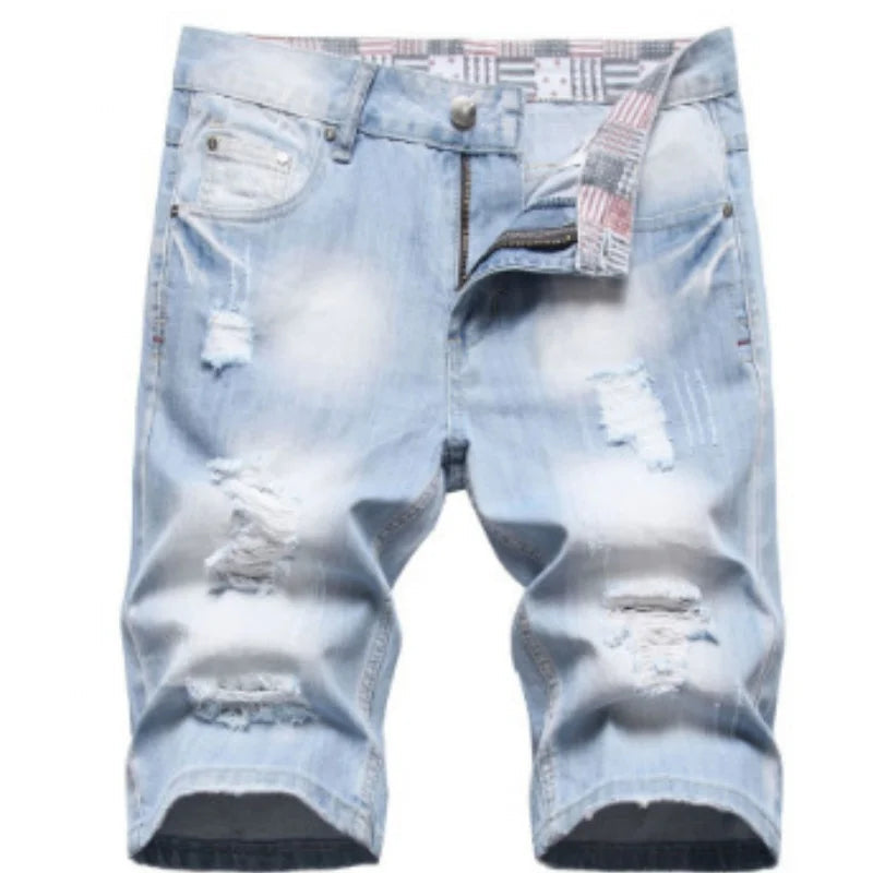 New Summer Men Blue Denim Shorts Italian Style Male Shorts Jeans High Quality Male Stretch Fit Ripped Denim Jeans Shorts Size 38 ATFH