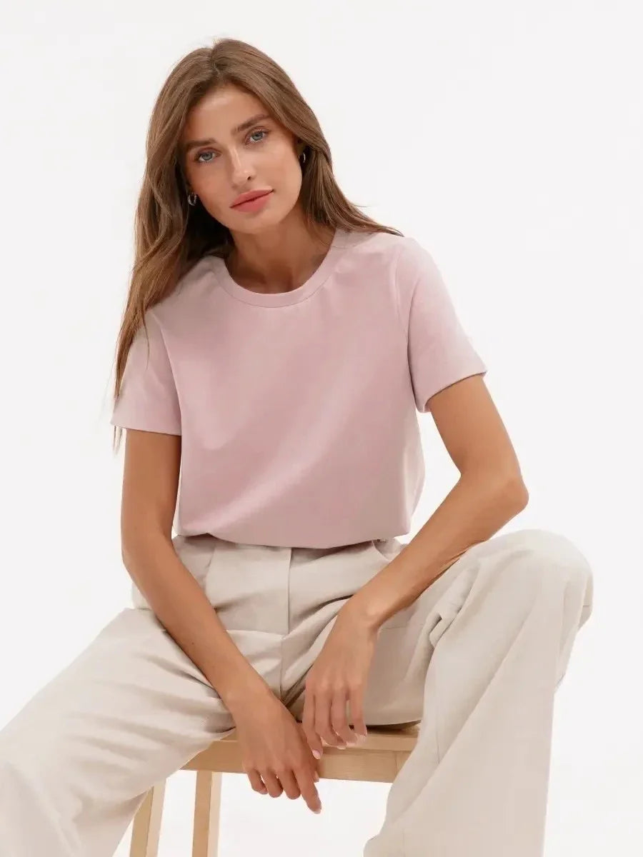Bornladies Summer 100% Cotton Women's T-shirt Bottoming Basic Fashionable Solid Lady Short Sleeve Loose Tops Shirts 230g/㎡ Tops - ATFH