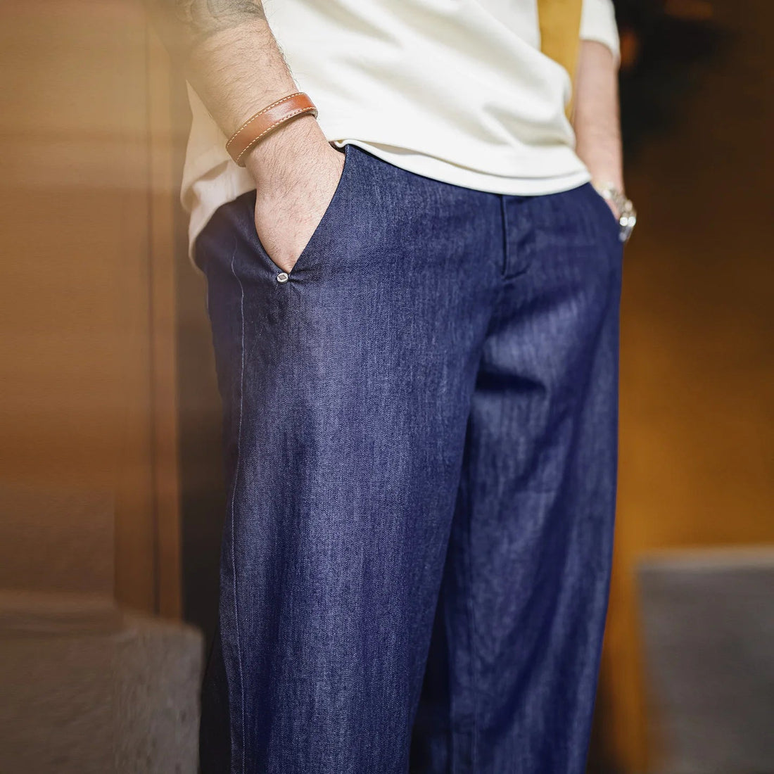 Maden Men's Vintage Denim Jeans Washed Blue Lightweight Baggy Straight Wide Leg Zipper Casual Spring Summer Pants ATFH