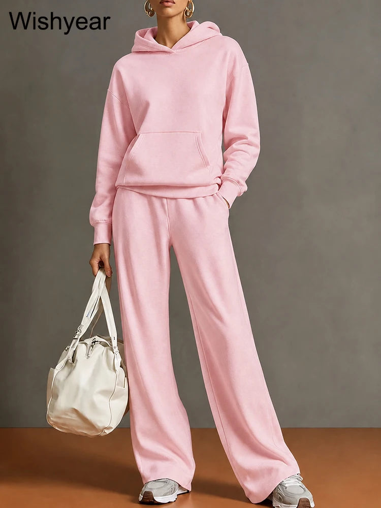 Gray Women’s Cozy Hoodie Set Long Sleeve Hooded Top Wide Leg Pants Casual Sporty Street Travel Fall Winter Two Piece Outfit