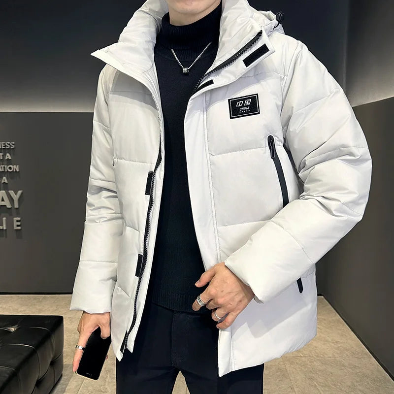 Couples Winter Outdoor Hiking Windproof Warm Fashion Trend Casual Hooded Jacket Solid Color White Duck Down Down Jacket