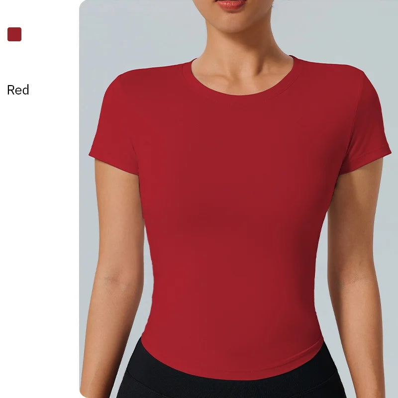 Women's Outdoor Fitness Yoga Top Round-Neck Short Sleeve Quick-Dry Compression T-Shirt for Running and Yoga - ATFH