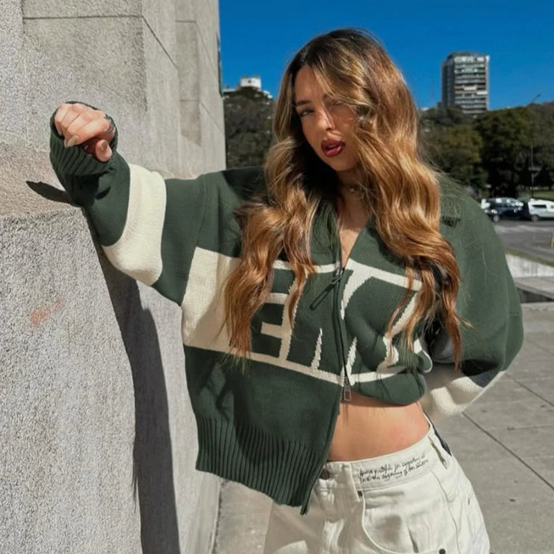 Autumn/Winter Collar Letter Color Blocked Zipper Sweater Women Fashion Soft Sticky Knitted Top  Sueter Mujer Jumper Pullover New - ATFH