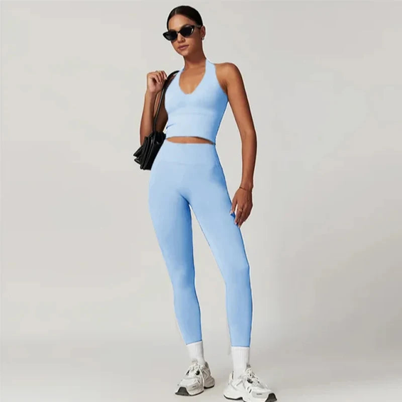 Quick-Dry Yoga Suit Sports Sets Women's Tracksuit Running Crop Tops and Leggings 2 Piece Set Fitness Wear Black Gym Clothing - ATFH