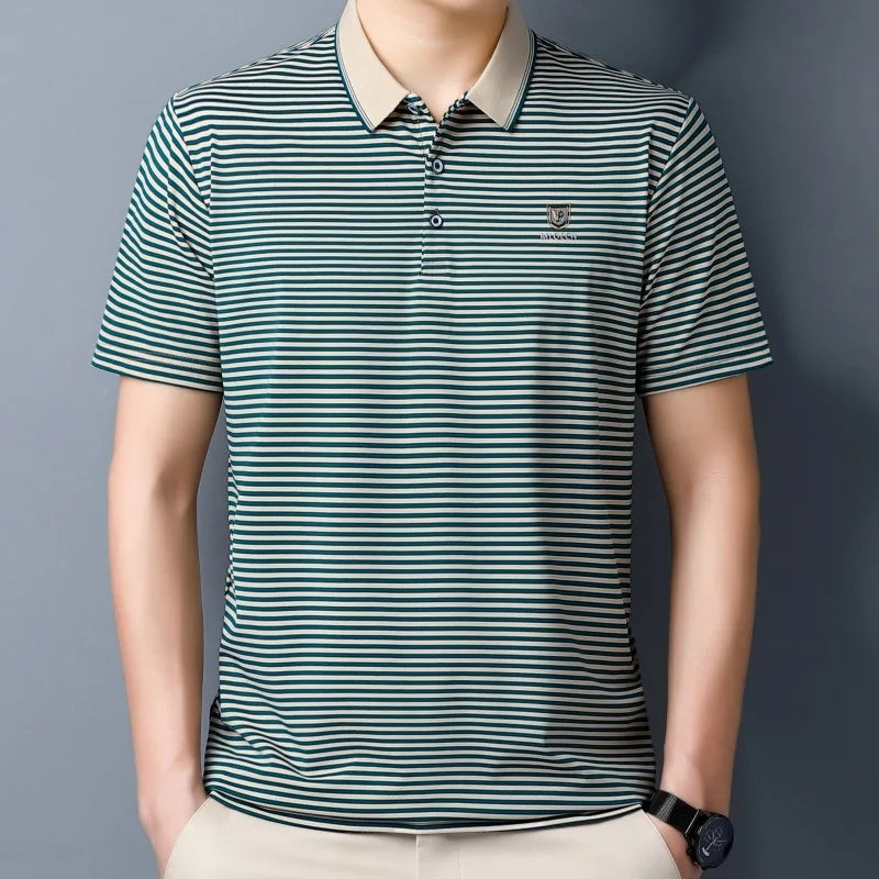 Cotton short sleeved T-shirt for men's summer new lapel striped printed loose dad's polo shirt