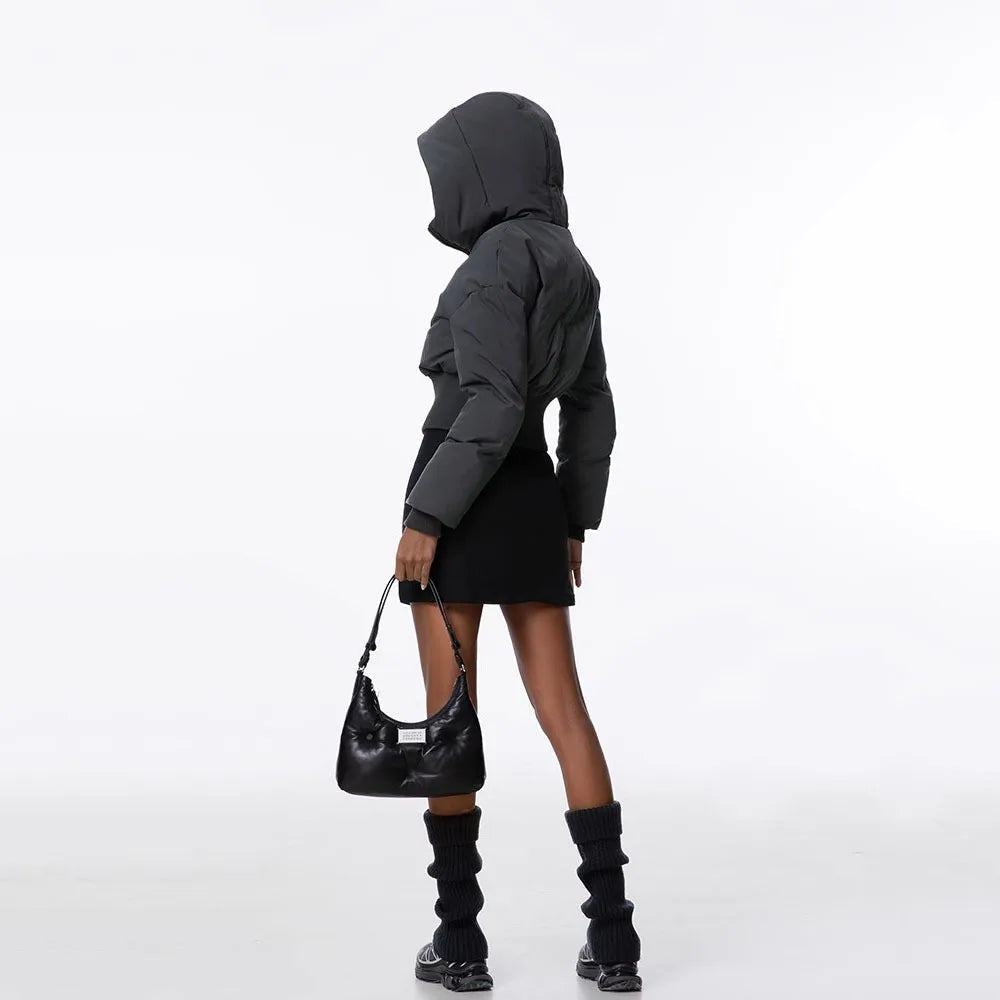Women Hooded Puffer Jackets Streewear High Waist Warm Bubble Coats Slim Puffer Jacket Parkas Zipper Cropped Down Parkas New Lady ATFH