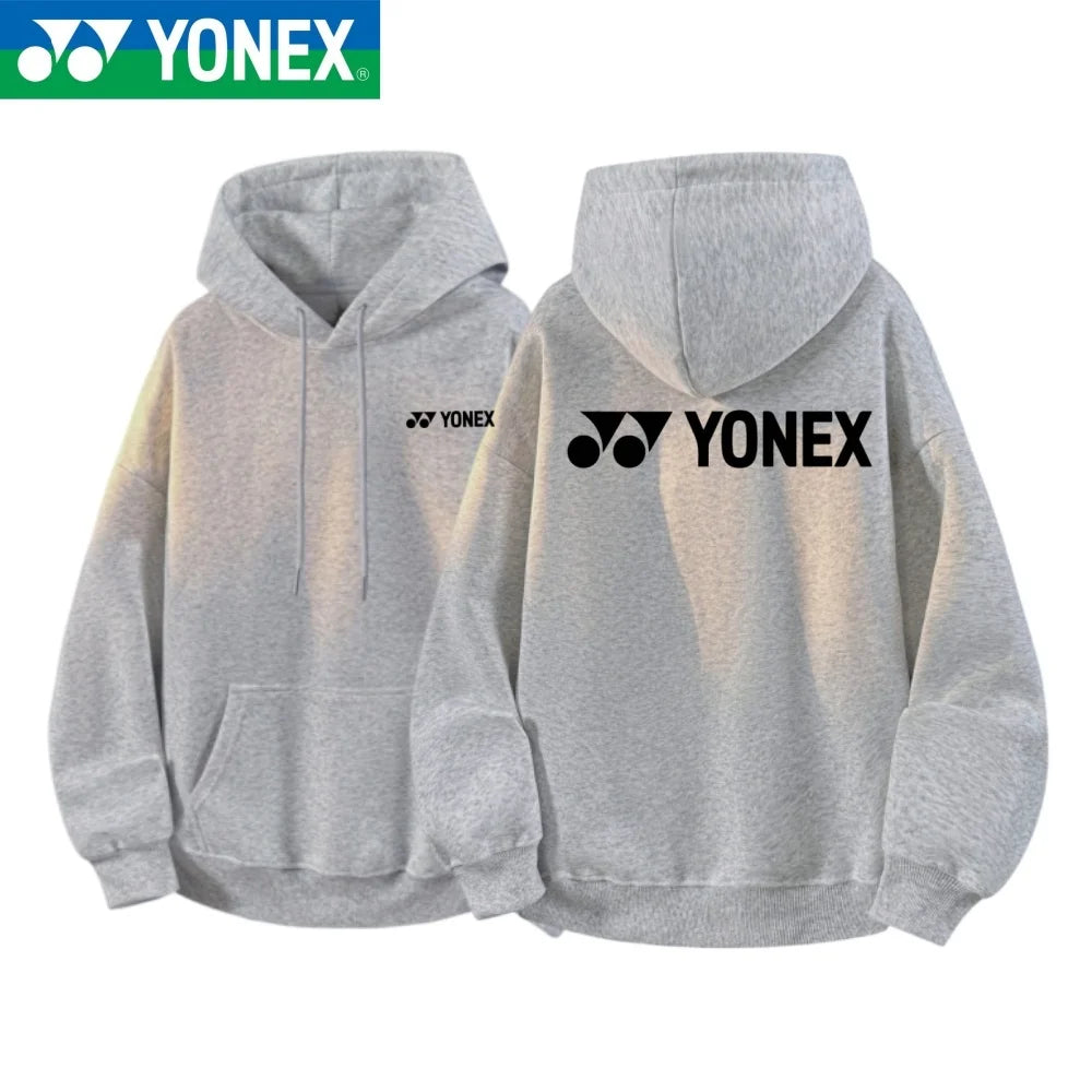 YONEX 2026 cotton hooded jacket with multi-color logos printed on the front and back, suitable for outdoor sports such as badmin