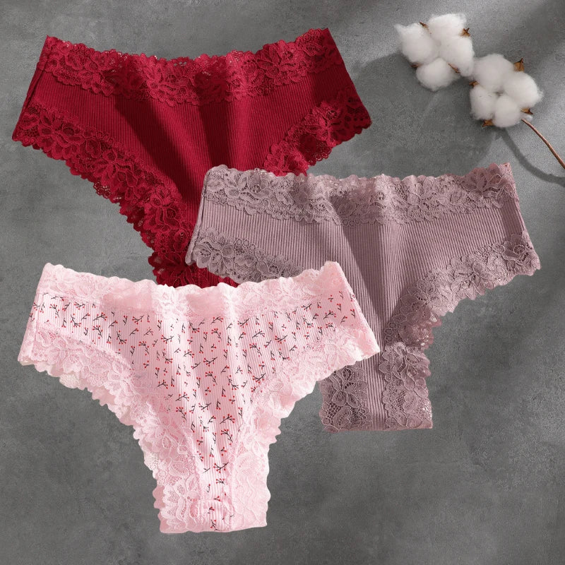 3Pcs Cotton Lace Patchwork Bikini Panties Women Seamless Floral Print Brazilian Pants Low Waist Breathable Female Sexy Lingerie