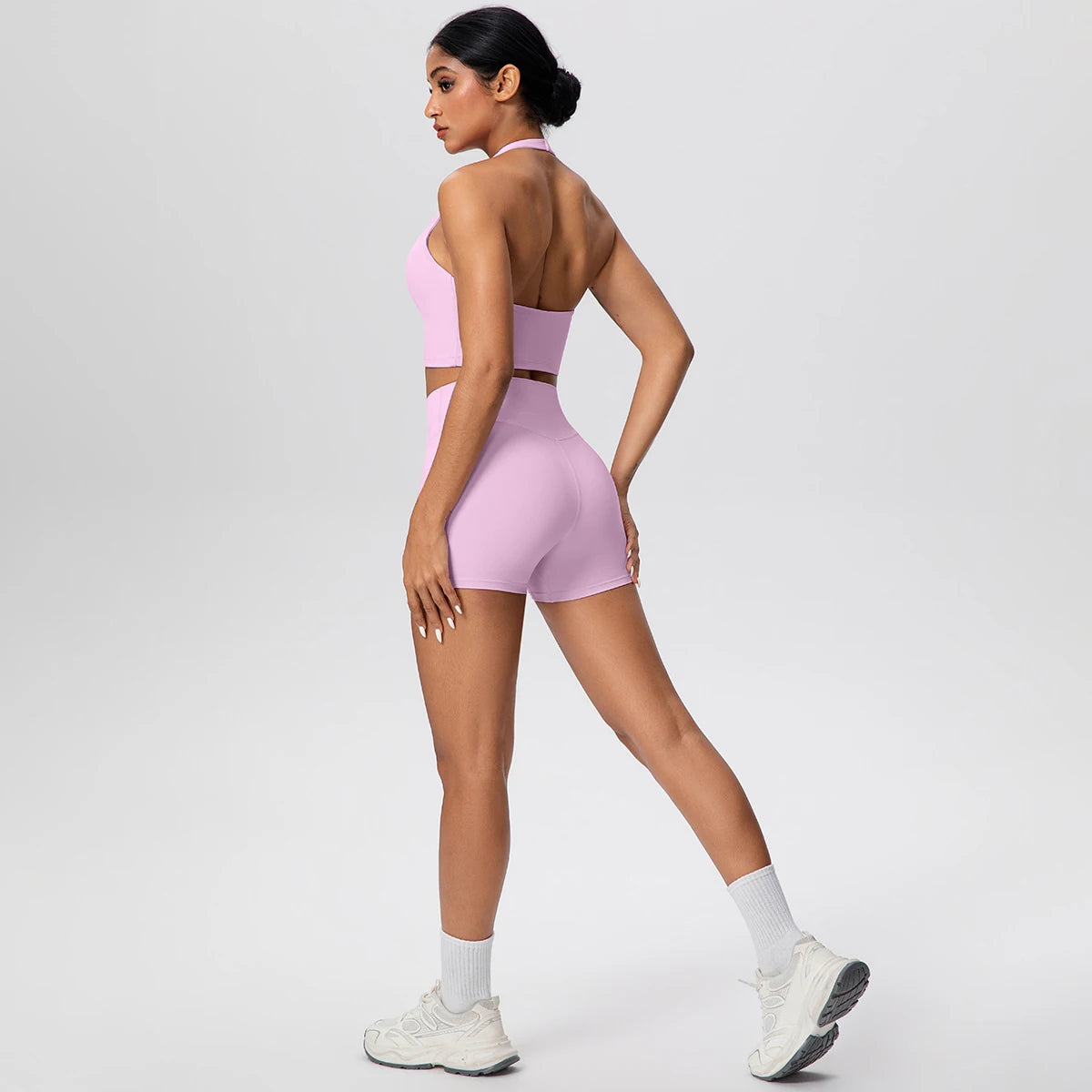 2picese Women Yoga Suit Solid Color High Waist Hip Push Up Fitness Shorts Sexy Pilates Backless Gym Hanging Neck Bra Yoga Set