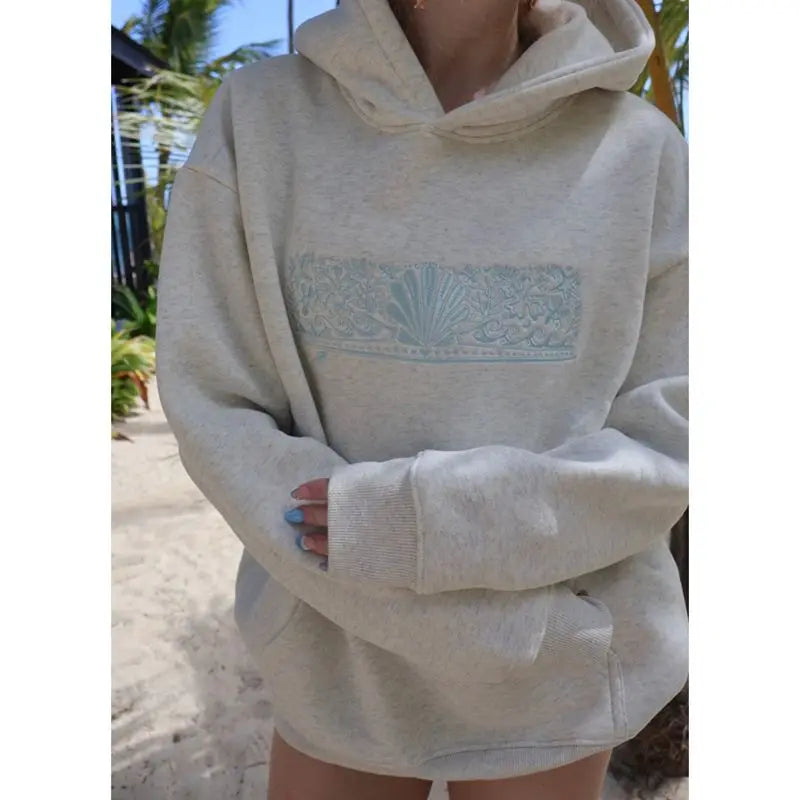 Women Autumn Winter Loose Fit Hooded Pullover Tops Y2K Flower Embroidered Oversized Sweatshirts with Kangaroo Pocket Streetwear - ATFH