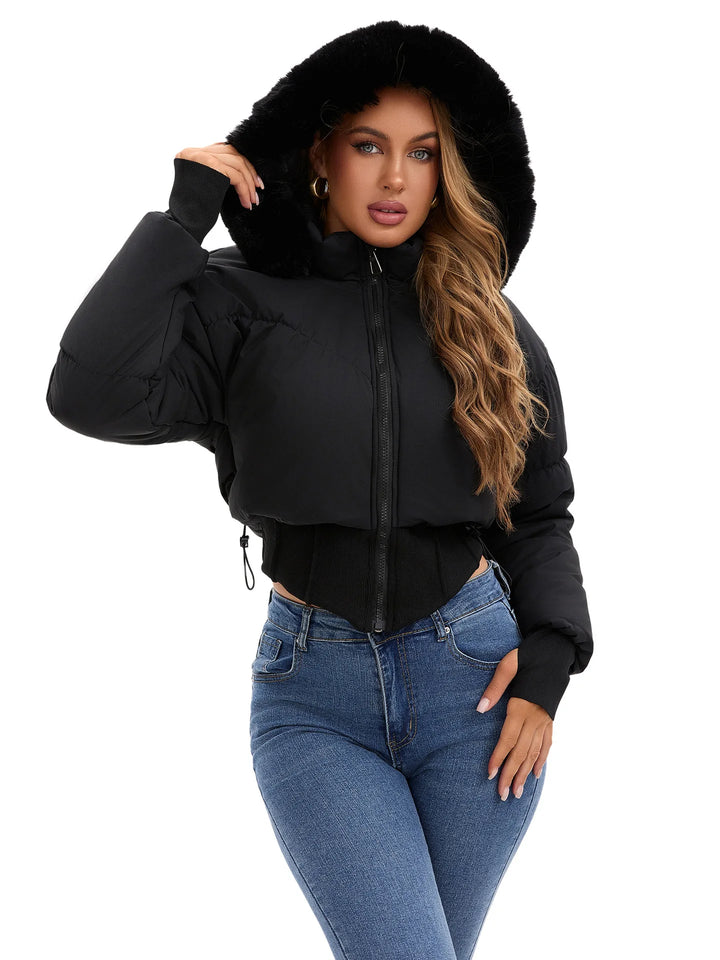 Women's Thickened Warm Cotton-Padded Jacket with Large Fur Collar And Hood Waist-Cinching Style