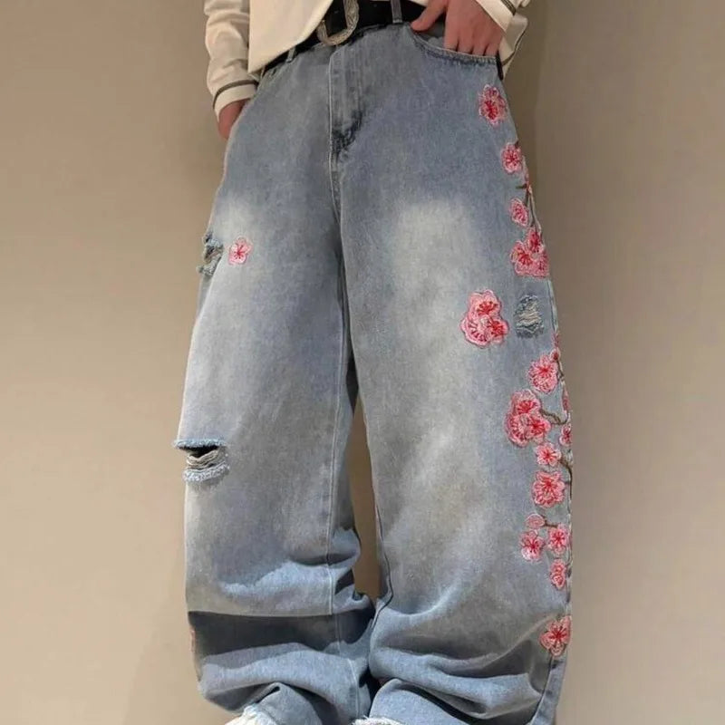 Harajuku Patchwork Cherry Blossom Embroidery Denim Pants Y2K Vintage Women Baggy Straight Wide Leg Jeans Street Men Clothes ATFH