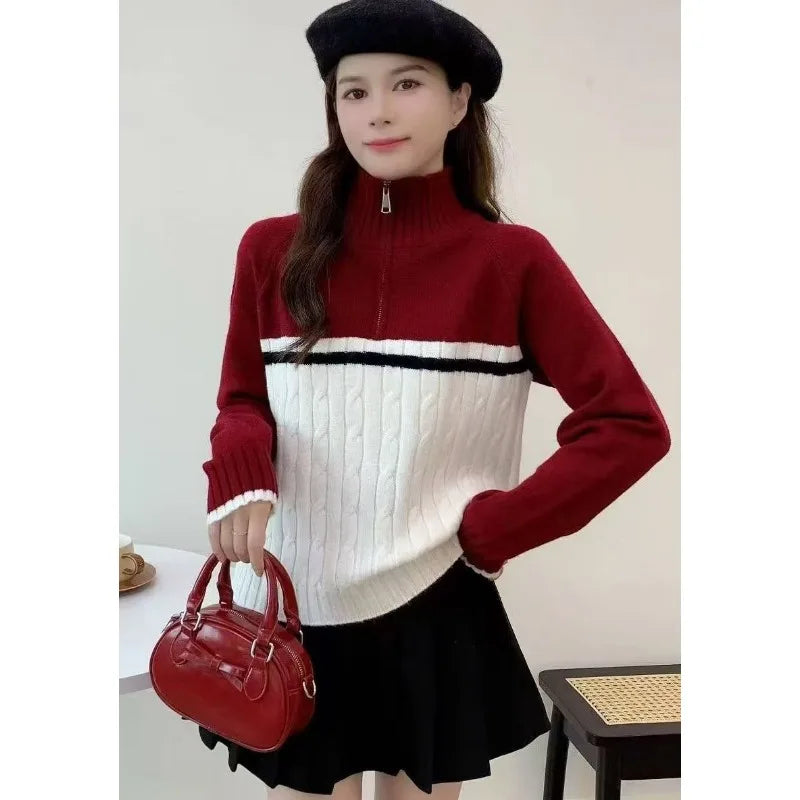 Lapel Half Zipper Turtleneck Knitted Jacket Sweater Autumn and Winter Fashion Loose Color Combination New Style - ATFH
