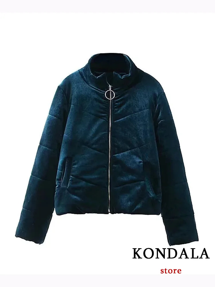 KONDALA Vintage Casual Women Jackets Solid O Neck Zipper Pocket Velvet Coats New Fashion 2023 Autumn Winter Thick Warm Outwears ATFH