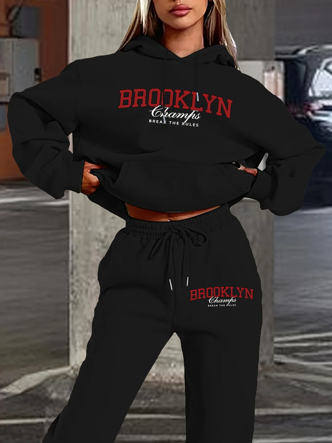 Women's Cool  Printed Casual Pants Set Long Sleeve Pocket Hoodie and Drawstring Letter Print Loose Sweatshirt Trousers Pants