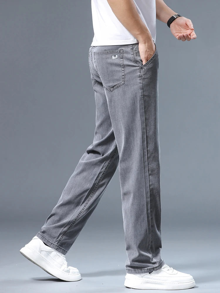 Summer Thin Men's Loose Straight Jeans Lyocell Soft Drape Business Casual Trousers Classic Smoke Gray Brand Ice Silk Pants ATFH