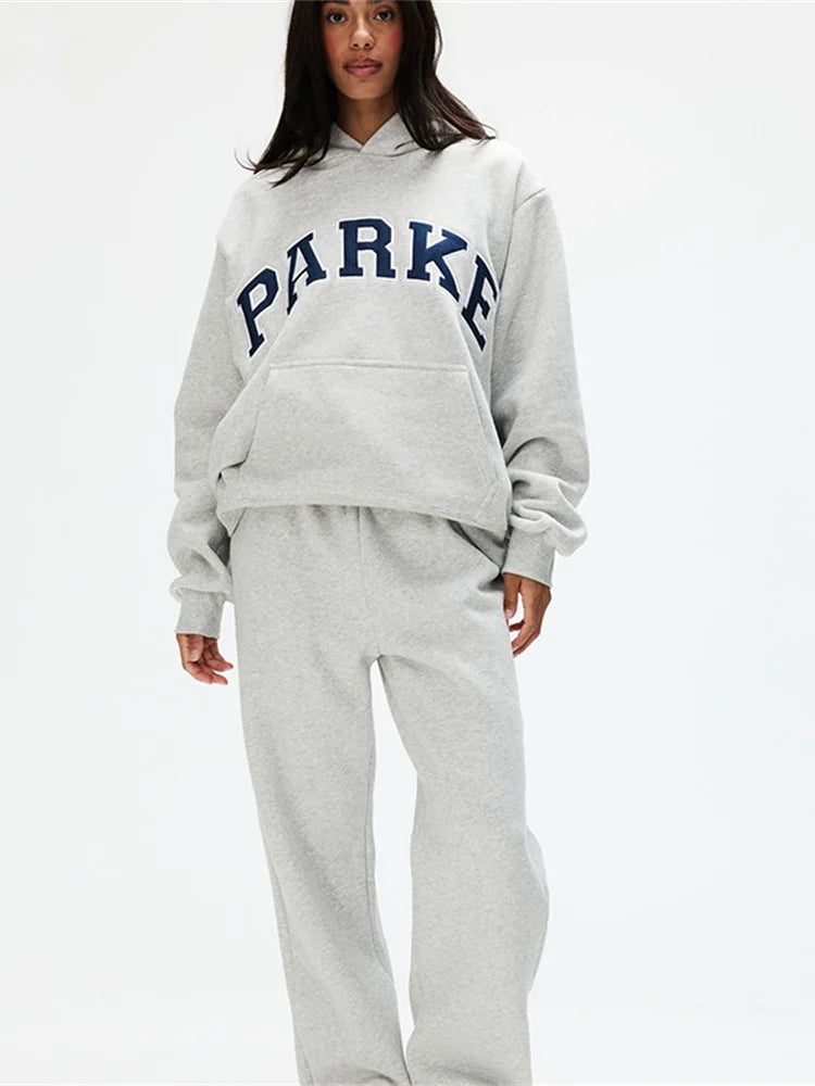 Autumn/winter Women's Long Sleeve Hooded Sweatshirt Classic Denim Letter Patch Embroidered Loose Hoodies for Female Pullover Top