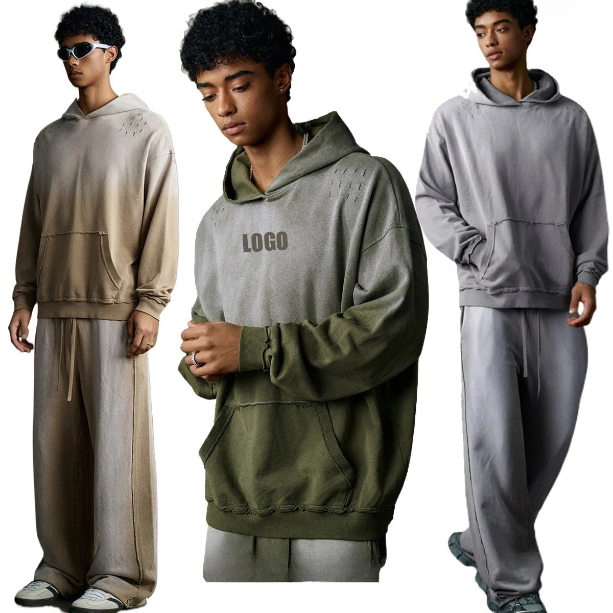 Custom LOGO men's 2025 autumn 370G heavy 100% cotton gradual change hole hooded sweater straight trousers set - ATFH