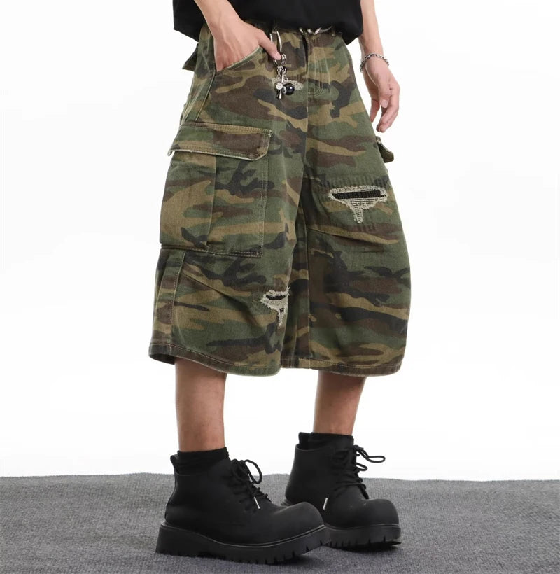 2025 Mens Camo Cargo Denim Shorts Distressed Straight Leg Casual Seven Inch Shorts Y2K Streetwear Vintage Loose Fit Summer Fashi ATFH