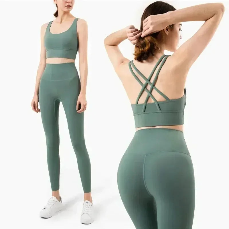 Women's 2 Piece Sports Set - High Waist Booty-Lifting Leggings with Back Pocket & Sports Bra Yoga/Gym/Running Workout Outfit - ATFH