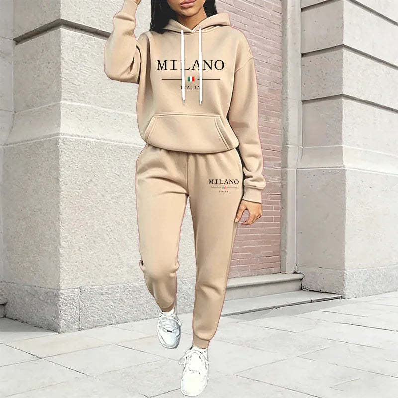 Fashion Women's Outfits Casual Hooded Sweatshirt Sweatpants 2 Pcs Suit Sports Jogging Clothes AutumnWinter Warm Woman Pants Sets