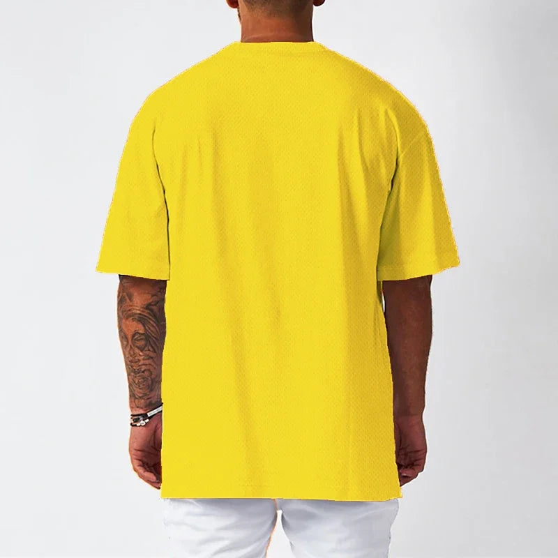 Oversized Loose Gym Clothing Mesh Quick Dry Bodybuilding Fitness Men Short Sleeve Barbell print Sport Streetwear Workout T-Shirt ATFH