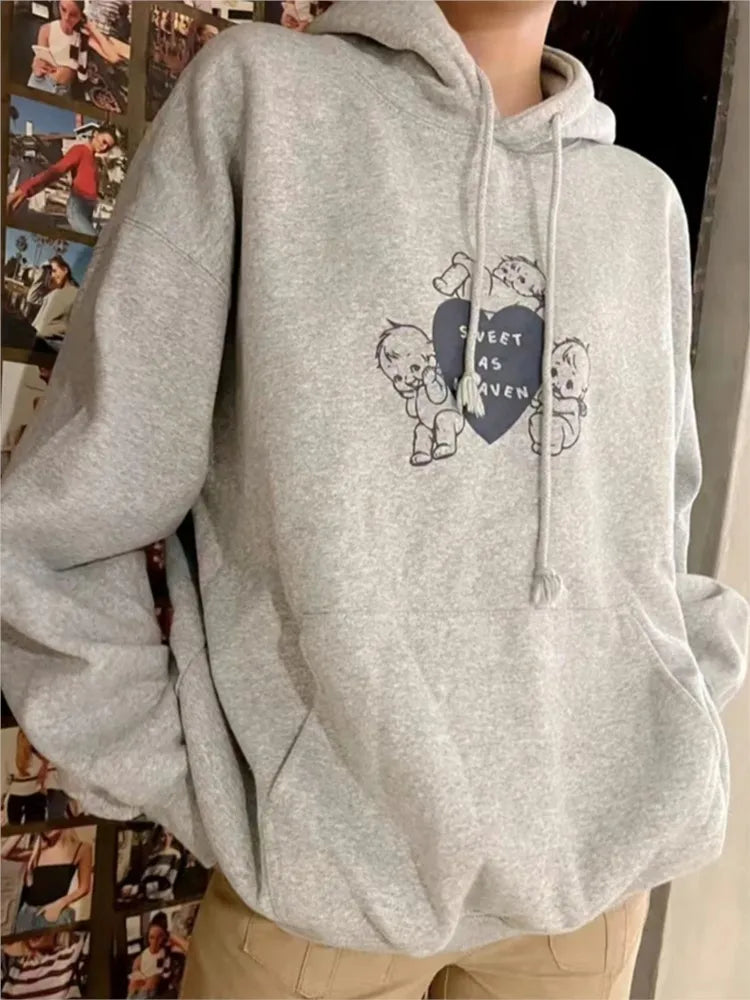Autumn Letter Print Loose Drawstring Hoodies Women New Casual Pocket Streetwear Cotton Pullover Top Sweet Cute Sweatshirts OOTDS - ATFH