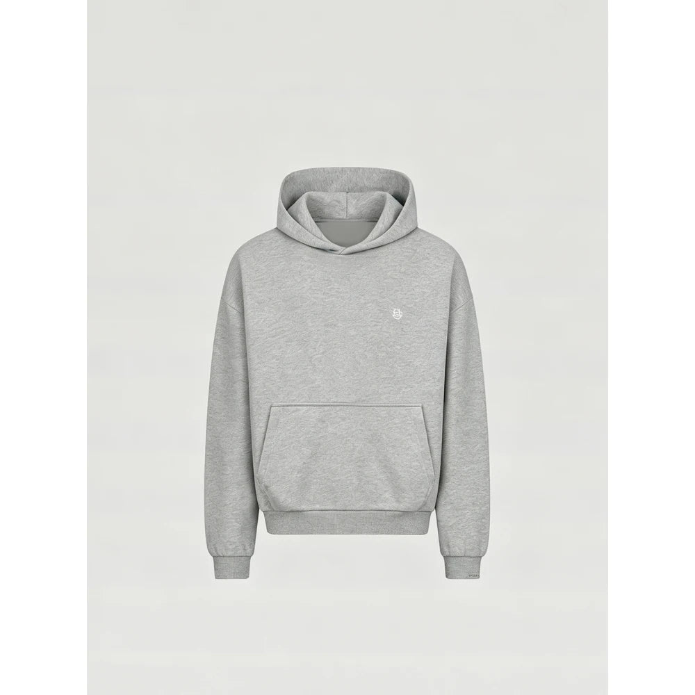 Solid Color Unisex Hooded Sweatshirt, Minimal Style Mini Embroidery Logo Drop Shoulder Loose Fashion Pullover Tops